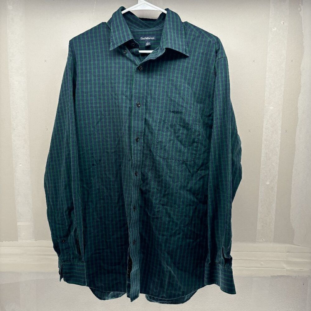 Croft & Barrow Mens Large 16.5-17 Long Sleeve Small Green Blue Plaid Poplin